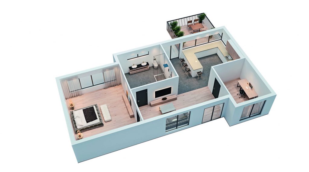 moderne Innenarchitektur, isolierter Grundriss mit weißen Wänden, Blaupause von Wohnung, Haus, Möbeln, isometrisch, perspektivische Ansicht, 3D-Rendering