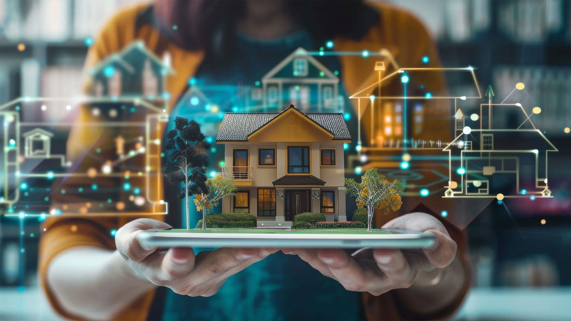 Person hält Tablet mit 3D-Modell eines Hauses, digitale Hologramme von Häusern im Hintergrund. Szene betont Technologieintegration in Immobilien und Smart-Home-Anwendungen, leuchtende Knoten und Linien heben fortschrittliche KNX-Systeme für Hausautomation hervor