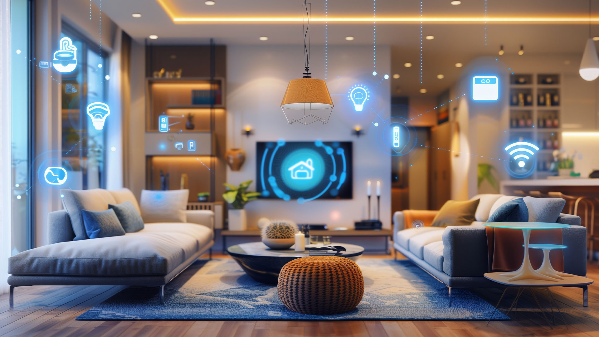 Modernes, stilvolles Wohnzimmer mit schwebenden Symbolen der SmartHome-Technologie, die vernetzte Haushaltsgeräte über KNX-Systeme anzeigen. Der Raum bietet ein gemütliches Ambiente mit Sofas, Couchtisch, großem Fernseher, stimmungsvoller Beleuchtung und modernem Dekor.