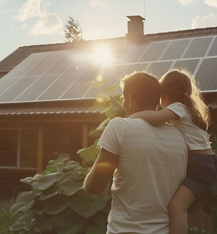 Mann trägt Kind im Freien und blickt auf ein Haus mit Solarmodulen, ausgestattet mit modernster SmartHome-Technologie. Die untergehende Sonne taucht die Szene in einen warmen Schein, im Vordergrund sind große grüne Pflanzen zu sehen.