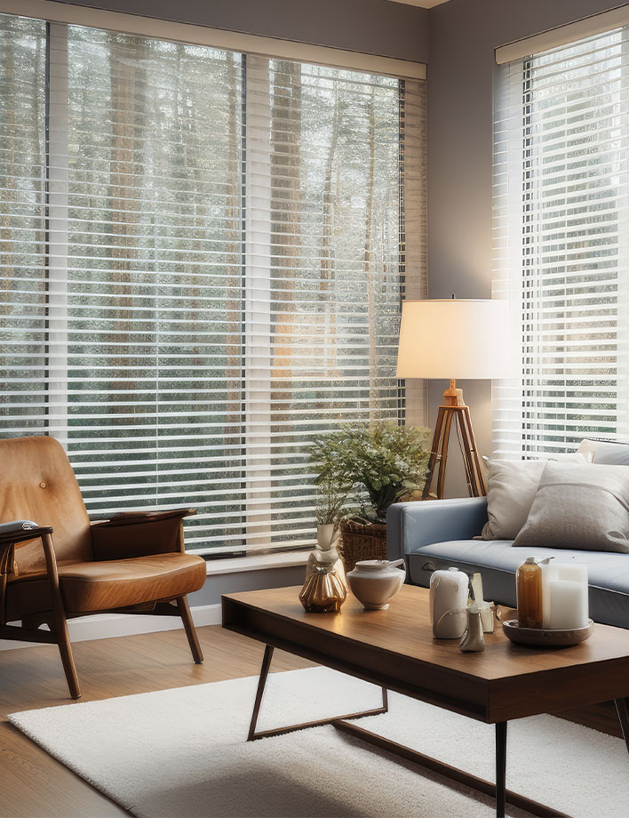 Gemütliches Wohnzimmer mit modernem Sessel aus der Mitte des Jahrhunderts, elegantem Couchtisch aus Holz, stilvollem Sofa mit Kissen und großer Stehlampe. Große Fenster mit Jalousien, gesteuert durch fortschrittliches KNX-System für nahtlose Hausautomation, lassen natürliches Licht in den Raum und bieten Blick auf die Bäume draußen.