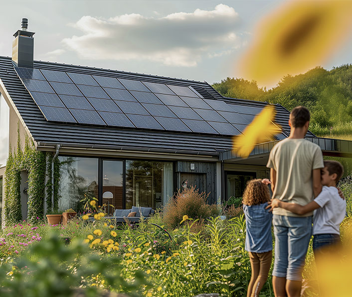 Familie mit zwei Kindern betrachtet ein modernes Haus mit Solarmodulen auf dem Dach, das inmitten eines blühenden Gartens steht. Das Haus ist mit fortschrittlicher SmartHome-Technologie ausgestattet, die eine effiziente Nutzung erneuerbarer Energien durch KNX-Systeme ermöglicht. Die Szene vermittelt Nachhaltigkeit und Familienleben in einem umweltfreundlichen Zuhause.