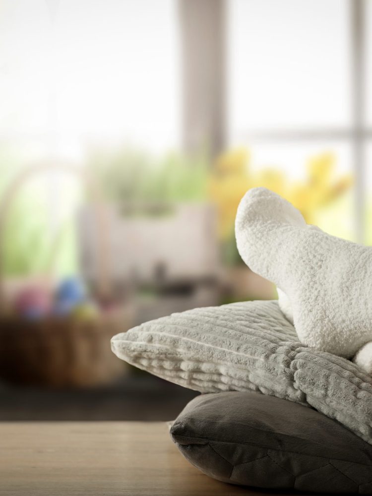 Beine in weißen, flauschigen Socken liegen entspannt auf zwei weichen Kissen vor einem unscharfen Hintergrund mit einem hellen Fenster und Pflanzen im Raum.