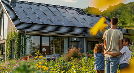 Ein modernes Einfamilienhaus mit Solarpaneelen auf dem Dach, umgeben von einem üppigen Garten mit bunten Blumen. Im Vordergrund steht eine Familie, die das Haus und die Natur betrachtet. Die großen Glasfronten des Hauses deuten auf eine energieeffiziente Bauweise hin, möglicherweise mit Smart-Home-Technologie zur Steuerung von Energie, Beleuchtung und Sicherheit. Das Bild strahlt Nachhaltigkeit und Harmonie mit der Natur aus.