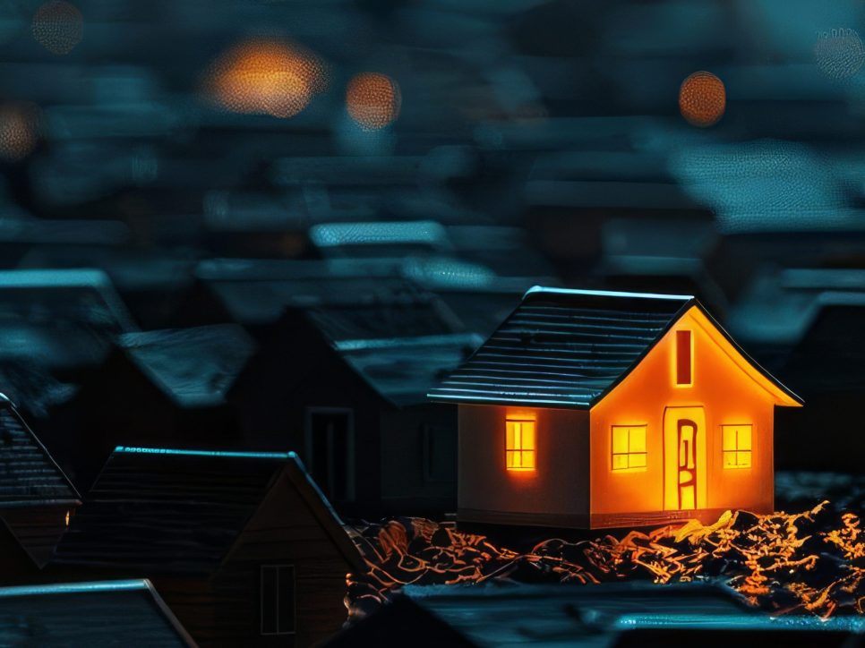 Ein Haus das beleuchtet ist, wenn andere anderen im Dunklen sind.